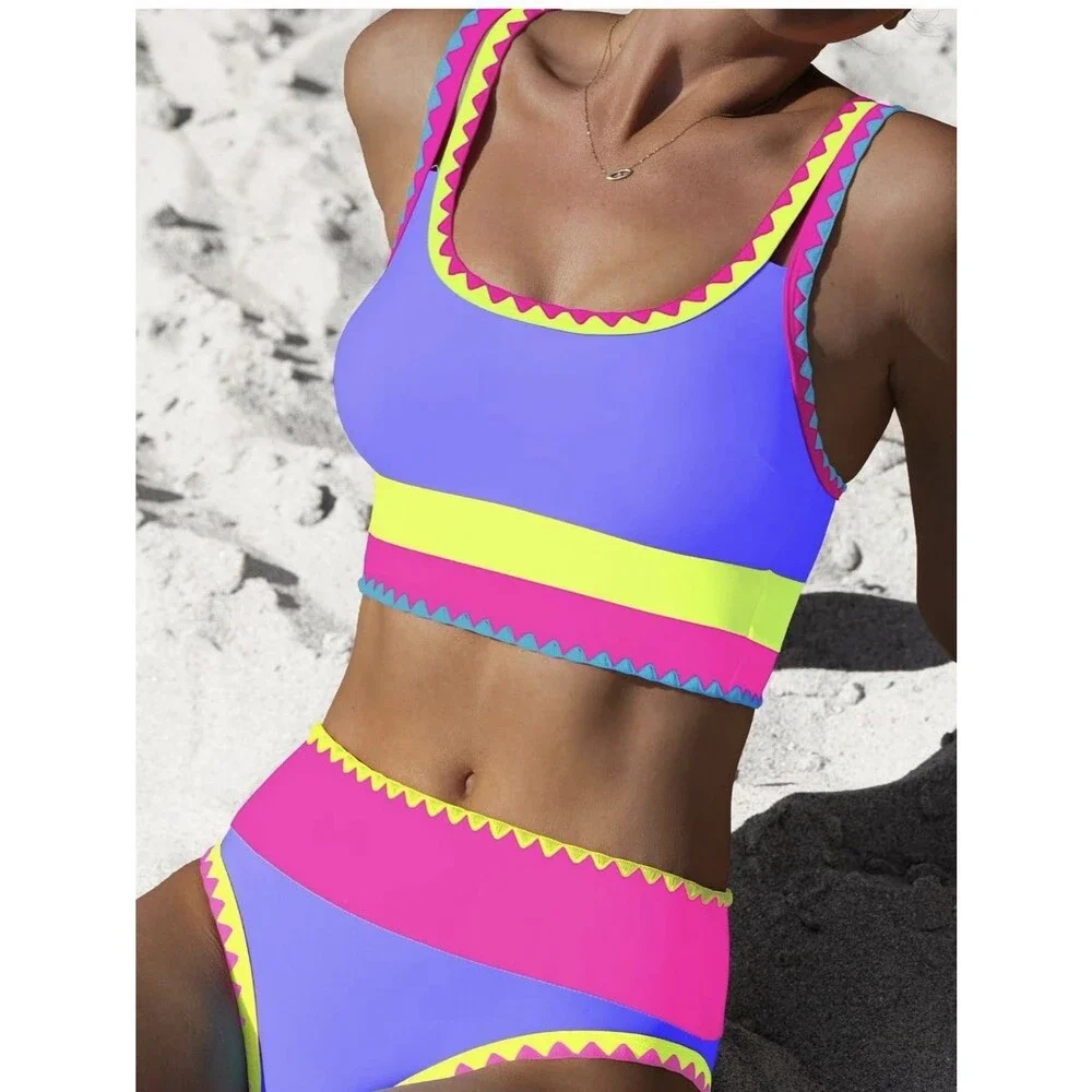 popvil Tummy Control 3 Piece Swimsuit with Skirt High Waisted Bikini Vibrant M